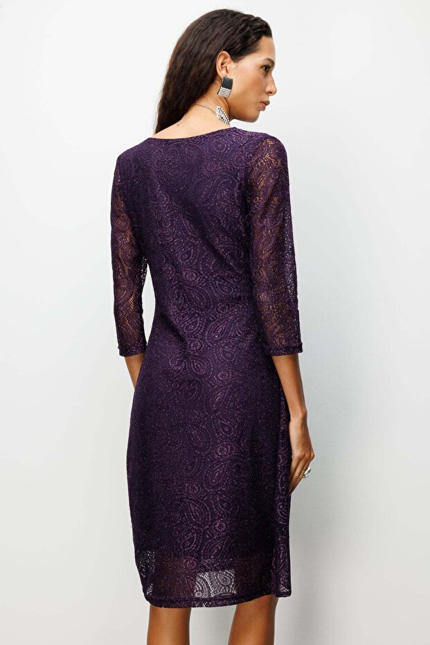 Dantelli Taş İşlemeli Midi Elbise - 5