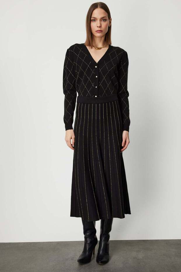 Stripe Patterned Pleated Midi Skirt