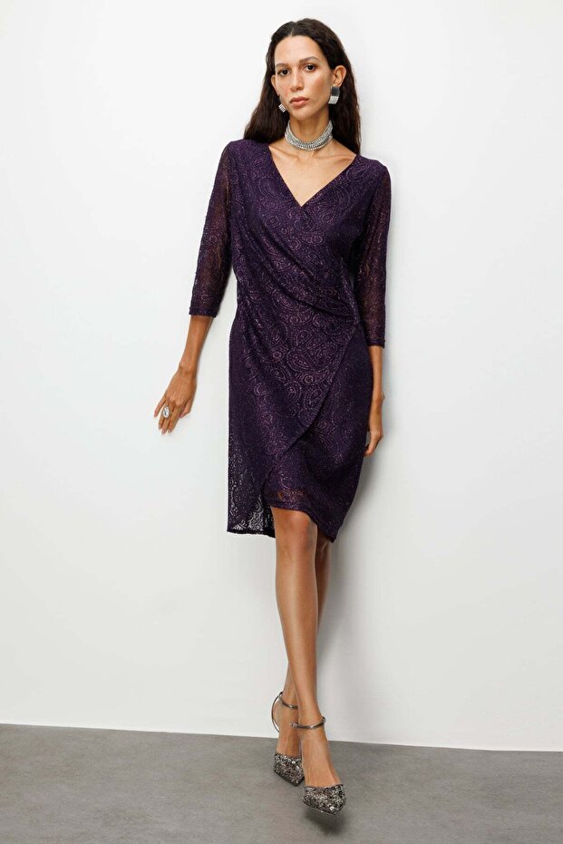 Dantelli Taş İşlemeli Midi Elbise - 4