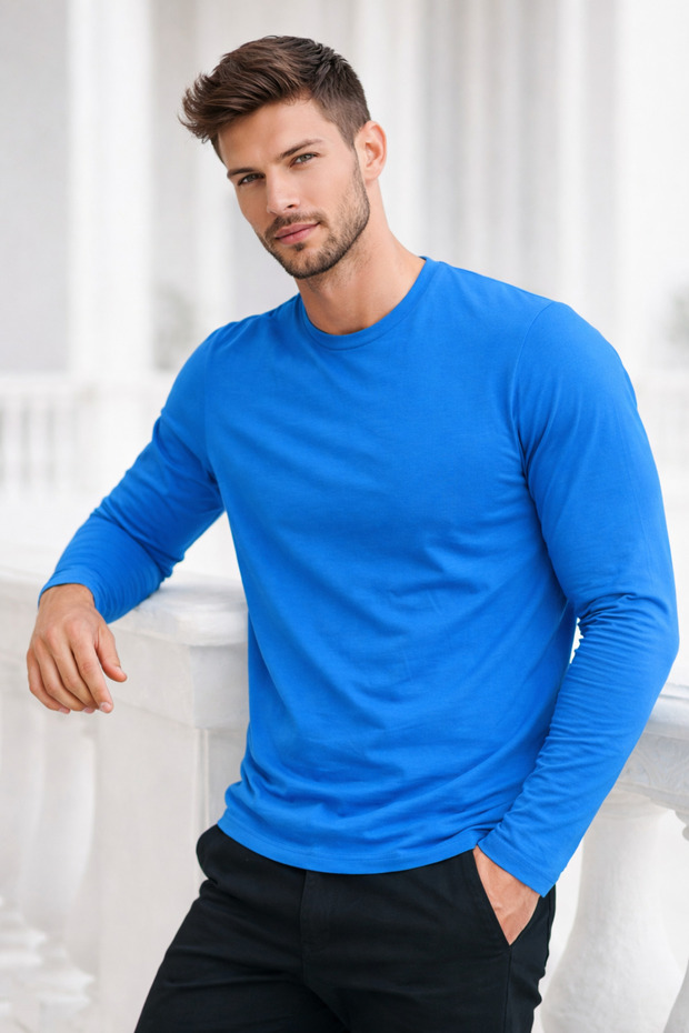 Men's Sky Blue Crew Neck Body 100% Cotton Long Sleeve T-Shirt