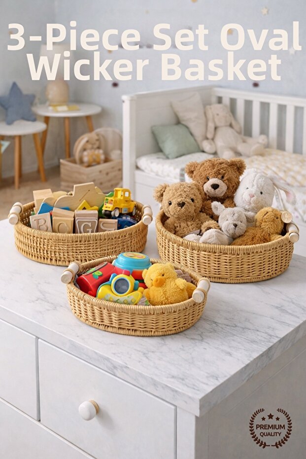 Set of 3 Oval Wicker Baskets with Wooden Handles - Multi-Purpose Decorative Organizer