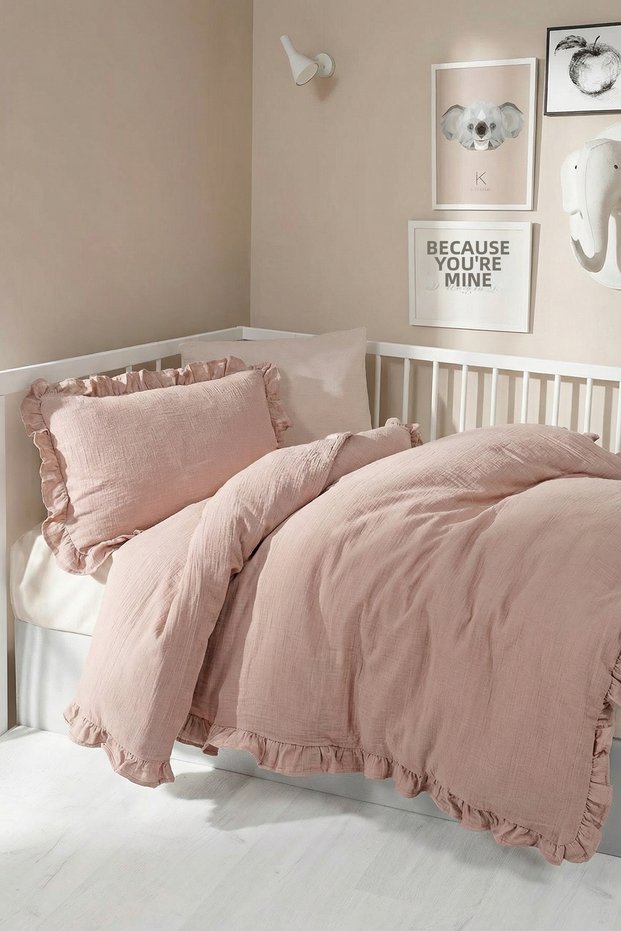 Frilly 100% Cotton Muslin Baby Duvet Cover Set - Powder