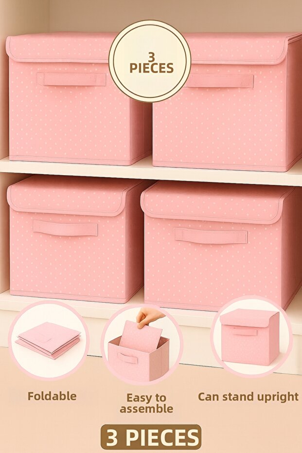3Pcs-Pink with Lid Closet Laundry Toy Organizer Folding Storage Box with Lid30X30X30Cm