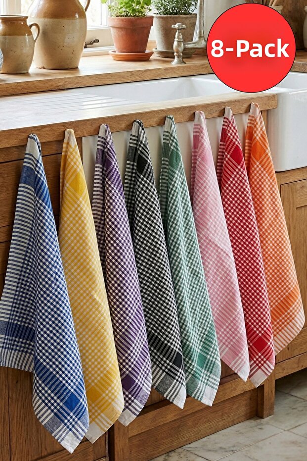 Pöti Checkered 8-Piece Drying Cloth, Nutrition Cover, Serving Napkin, Kitchen Towel Colorful Set 50X70Cm