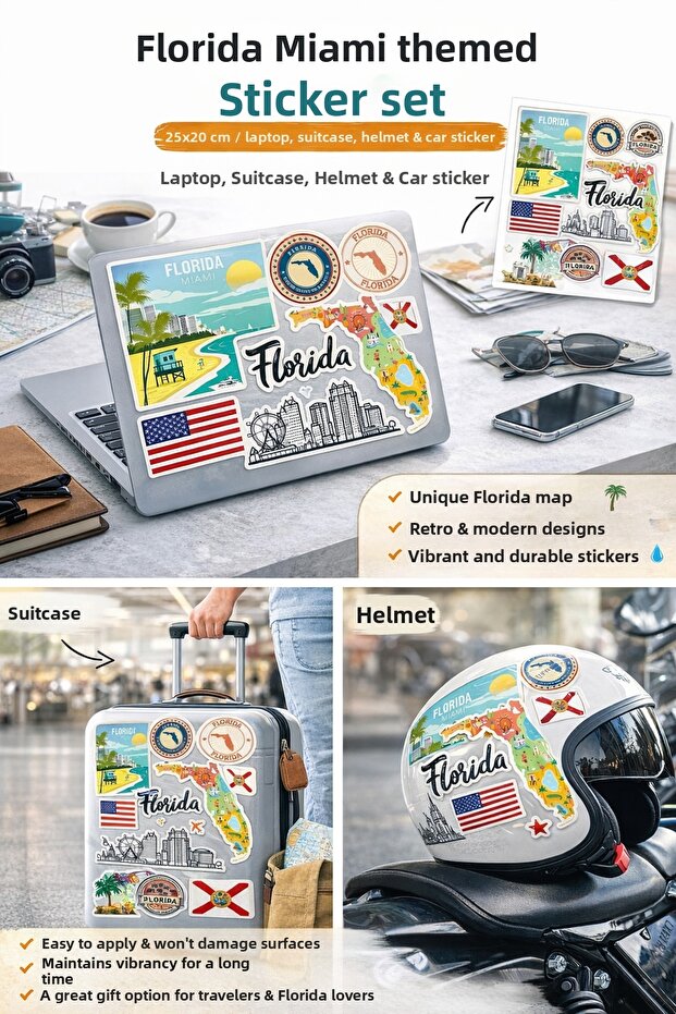 Florida Miami Themed Sticker Set – 25X20 cm | Laptop, Suitcase, Helmet & Car Sticker