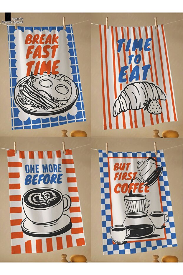 Breakfast Club - Color Printed Set of 4 40X60 Kitchen Towels, Dish Cloth