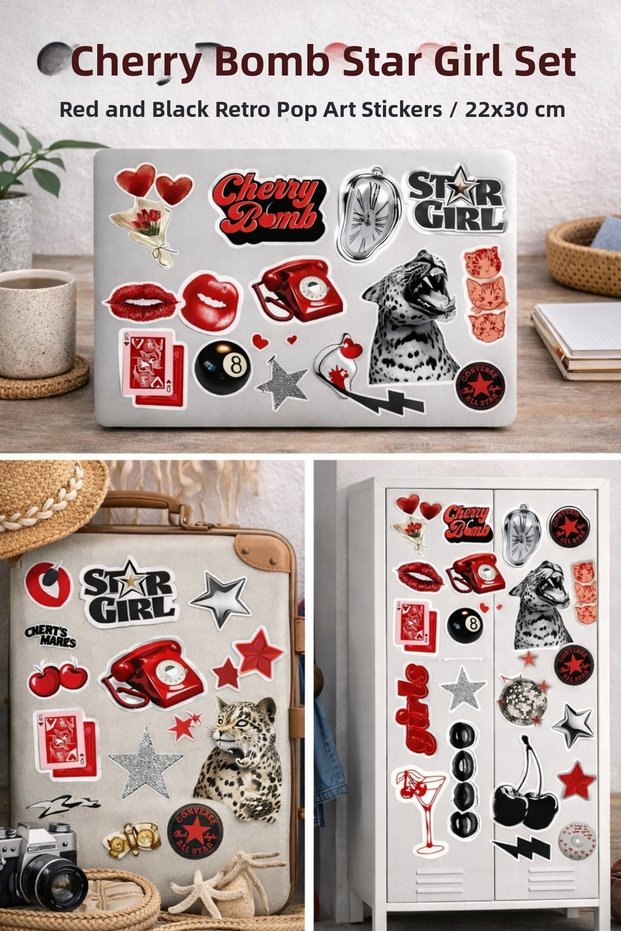 Cherry Bomb Star Girl Sticker Set – Red Black Retro Pop Art Stickers | 22×30 cm