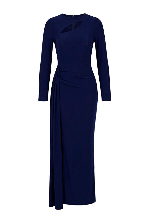 Limited Edition Lacivert Yaka Cut Out Detaylı Maxi Abiye & Mezuniyet Elbisesi TPRSS26AE00002 - 5
