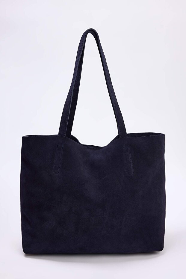 Lacivert Premium Hakiki Deri Süet Maksi Tote Kadın Maksi Boy Omuz Çantası TAKAW26OC00039 - 3