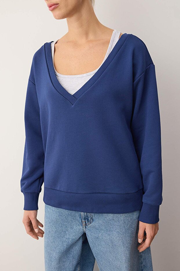 Teen Lacivert 2'li Düşük Omuzlu Örme Sweatshirt TWOAW26SW00149 - 3