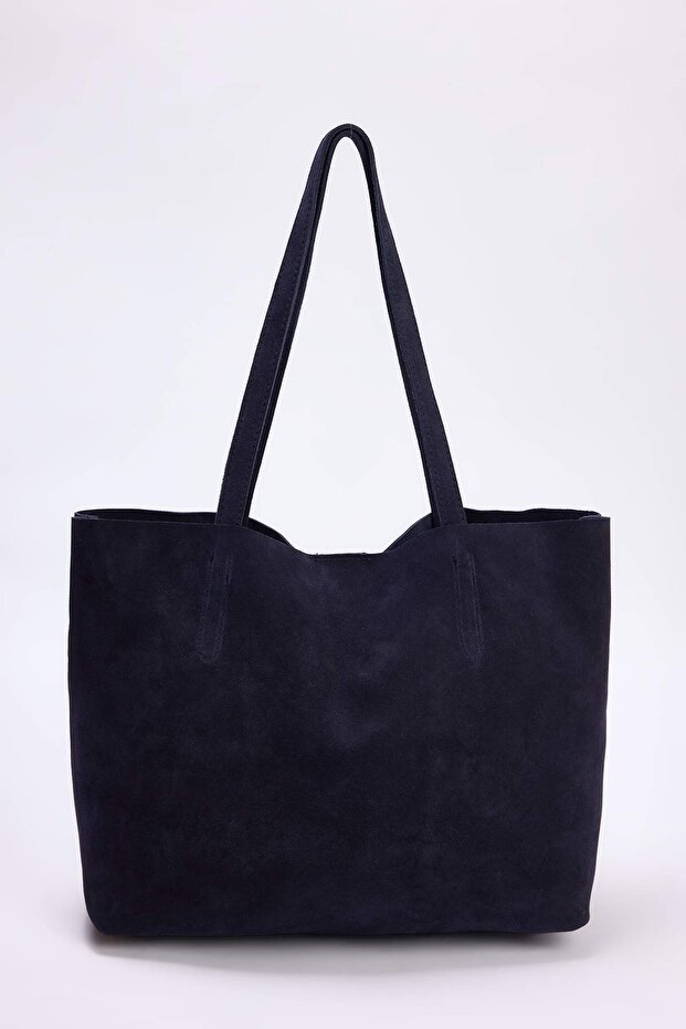 Lacivert Premium Hakiki Deri Süet Maksi Tote Kadın Maksi Boy Omuz Çantası TAKAW26OC00039 - 1