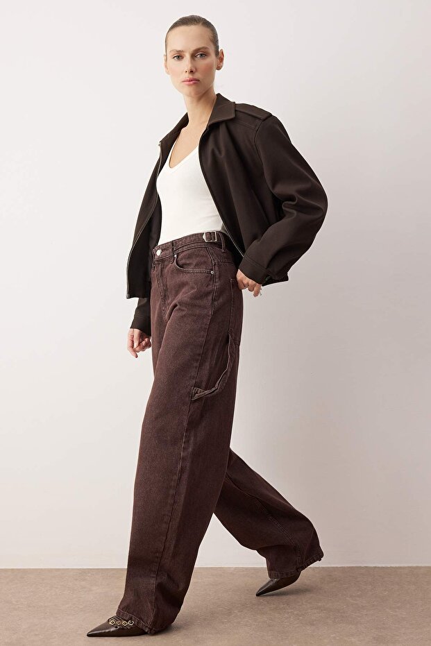 Kahverengi*001 Yüksek Bel Bol Kesim Loose Baggy Jeans TWOAW24JE00308 - 2