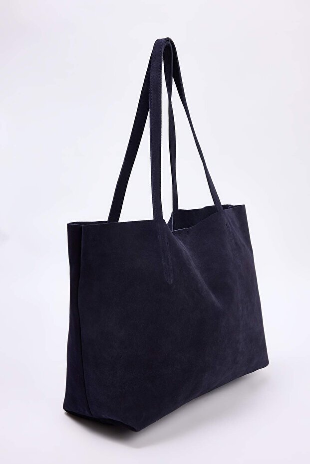 Lacivert Premium Hakiki Deri Süet Maksi Tote Kadın Maksi Boy Omuz Çantası TAKAW26OC00039 - 2