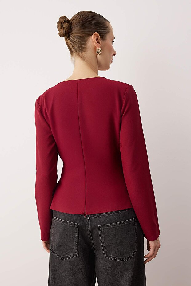Bordo Kruvaze Toka Detaylı Dokuma Bluz TWOAW26BZ00142 - 4