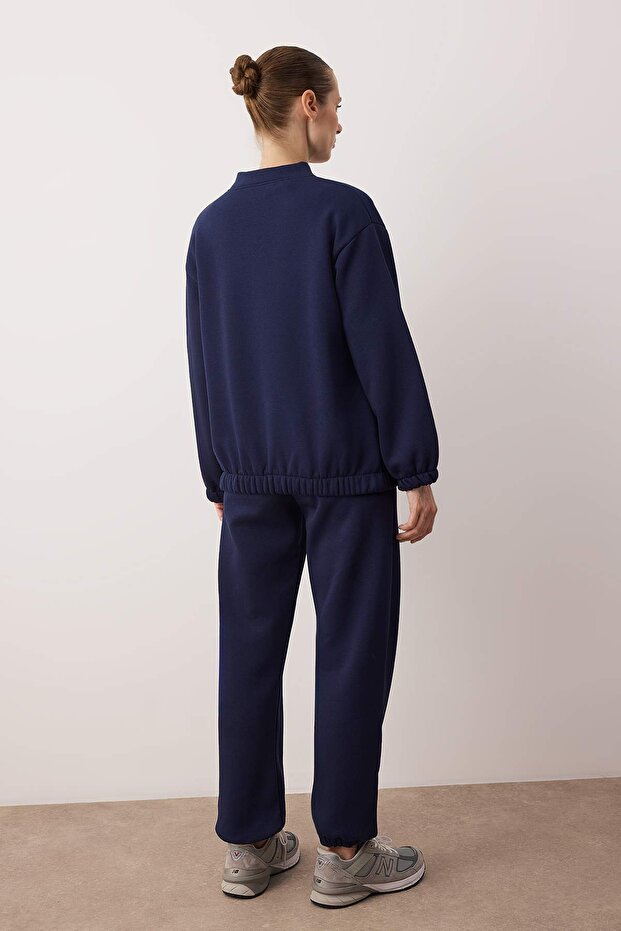 Navy Blue 3-Piece Cotton T-Shirt Sweatpants and Mock Neck Zippered Sweat Sweatpants Set Twoaw26Em00018 - 5