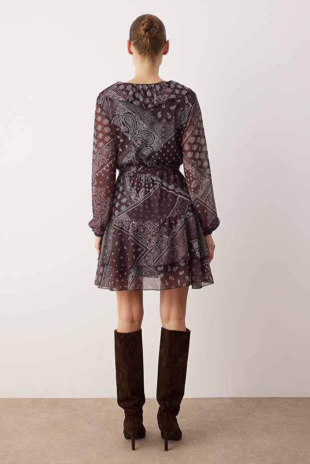 Çok Renkli Boho/Boho Chic Baskılı Fırfır Detaylı Mini Tül Esnek Örme Elbise TWOAW26EL00251 - 4