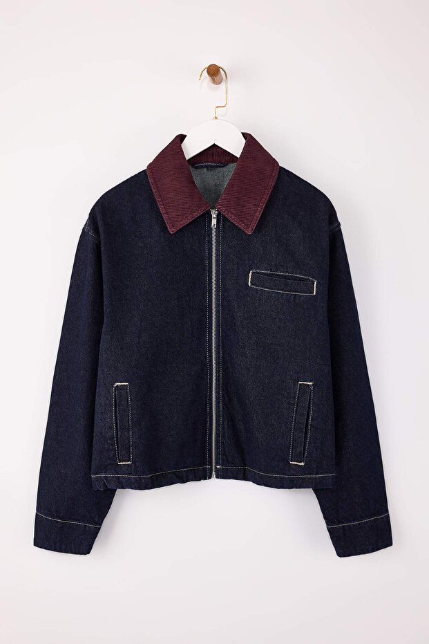 Mavi Kadife Yaka Detaylı Oversize 100% Pamuk Denim Ceket TWOSS26CE00002 - 5