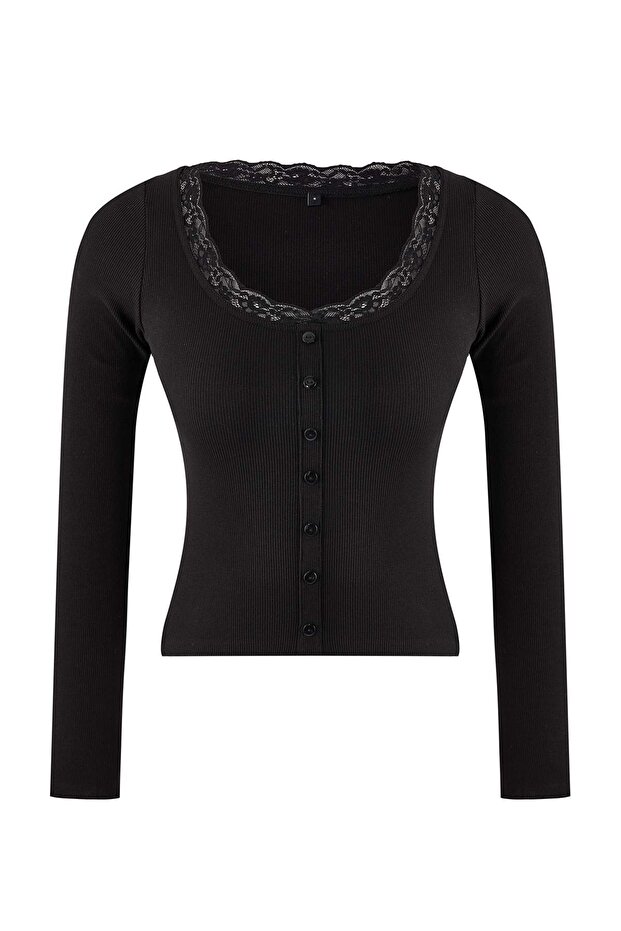 Siyah Fitted/Vücuda Oturan Havuz Yaka Dantel Detaylı Fitilli Esnek Örme Bluz TWOSS26BZ00070 - 5