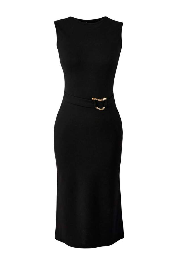 Siyah Düz Bodycon Bisiklet Yaka Kolsuz Aksesuar Detaylı Midi İnterlok Örme Elbise TWOSS26EL00016 - 5