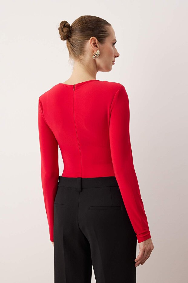 Kırmızı Cut Out/Pencere Detaylı Örme Body TPRAW24BD00000 - 4
