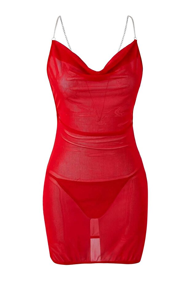 Kırmızı Tül Zincir Askılı Kapsız Külotlu Babydoll/Fantezi Gecelik THMAW26LL00025 - 3