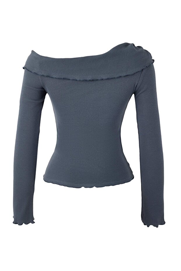 Antrasit Fitted/Vücuda Oturan Asimetrik Yaka Aksesuar Detaylı Fitilli Esnek Örme Bluz TWOSS26BZ00072 - 6