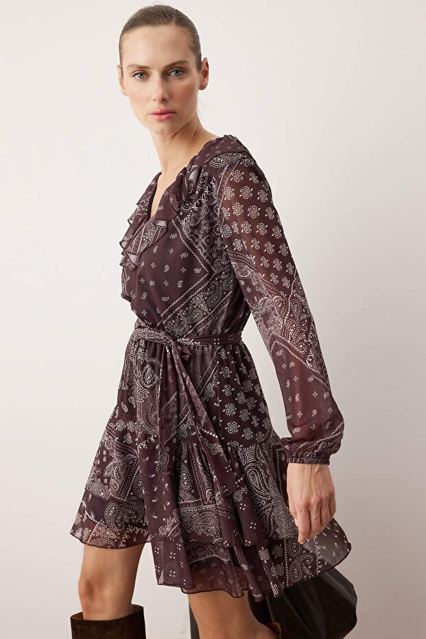 Çok Renkli Boho/Boho Chic Baskılı Fırfır Detaylı Mini Tül Esnek Örme Elbise TWOAW26EL00251 - 2