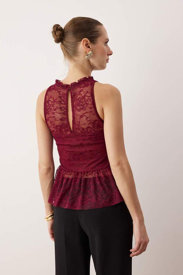 Koyu Bordo Dantel Peplum Detaylı Party Bluz TPRAW26BZ00008 - 6