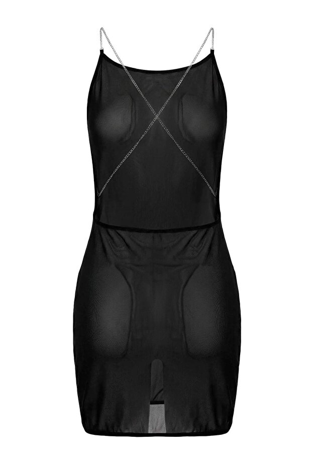 Siyah Tül Zincir Askılı Kapsız Külotlu Babydoll/Fantezi Gecelik THMAW26LL00025 - 3