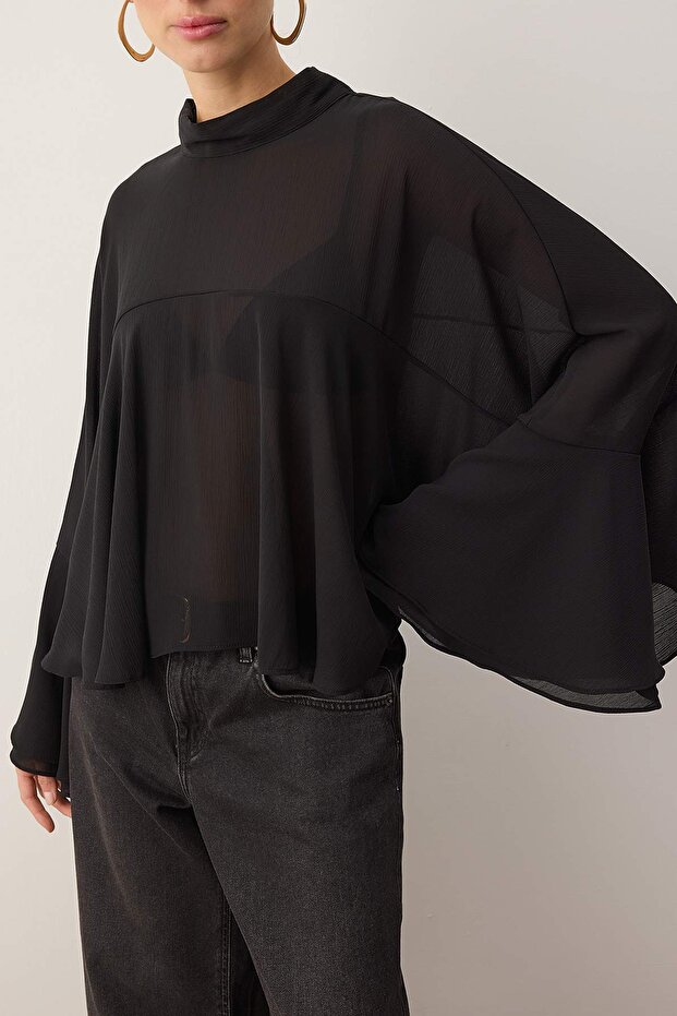 Siyah Volanlı Astarsız Boho Dokuma Bluz TWOAW26BZ00203 - 3