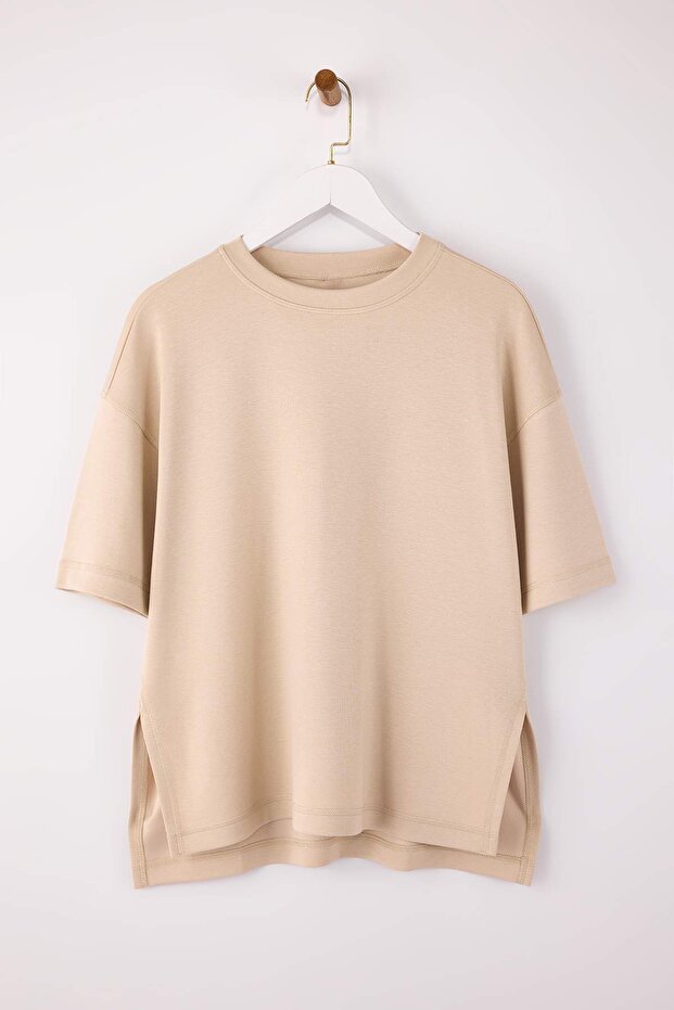 Taş Oversize/Geniş Kalıp Düşük Kol Kısa Kollu Uzun Soft Touch Örme T-Shirt TWOSS26TS00002 - 7