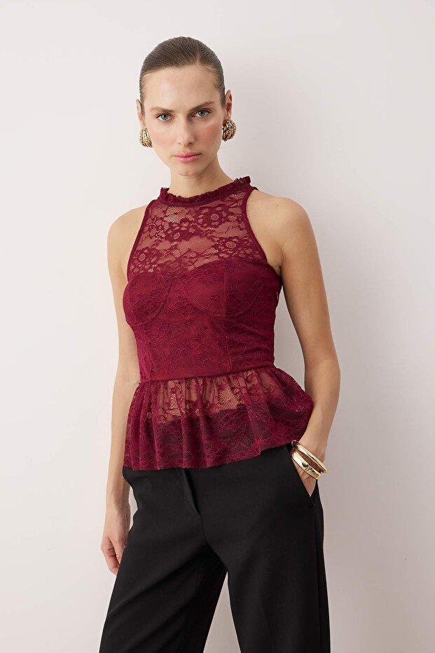 Koyu Bordo Dantel Peplum Detaylı Party Bluz TPRAW26BZ00008 - 3