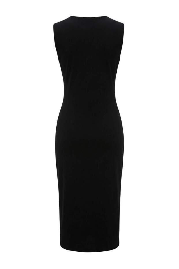 Siyah Düz Bodycon Bisiklet Yaka Kolsuz Aksesuar Detaylı Midi İnterlok Örme Elbise TWOSS26EL00016 - 6
