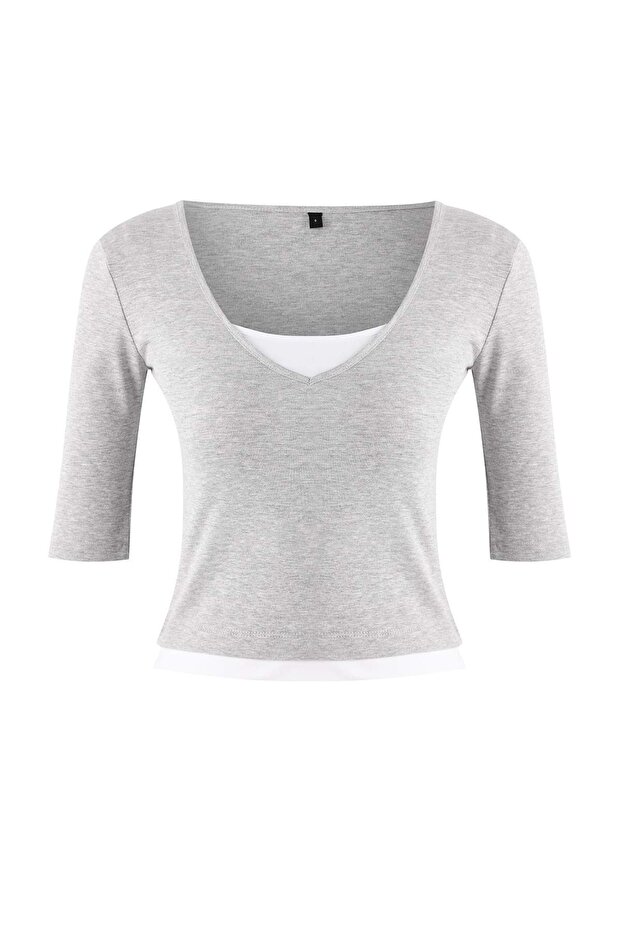 Wardrobe Essentials-Gri Melanj Fitted/Vücuda Oturan V Yaka Örme Bluz TWOSS26BZ00068 - 5