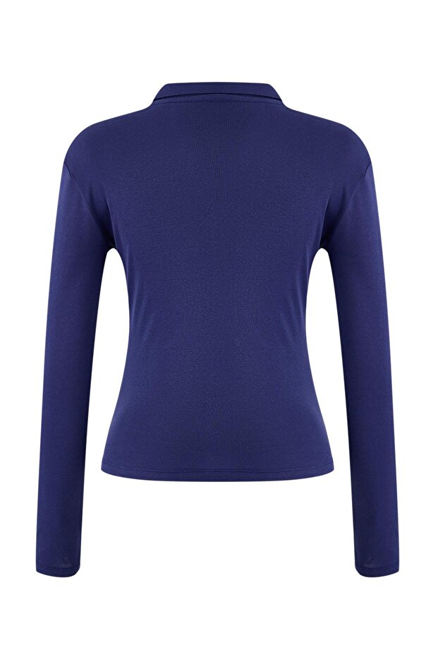 Wardrobe Essentials-Lacivert Fitted/Vücuda Oturan Polo Yaka Örme Bluz TWOSS26BZ00066 - 6