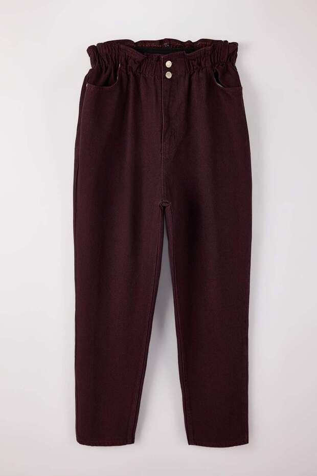 Bordo Yüksek Bel Beli Lastikli %100 Pamuk Büyük Beden Mom Jeans TBBAW23JE00002 - 5