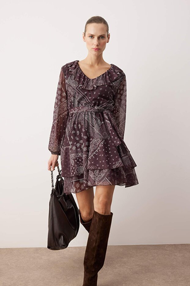 Çok Renkli Boho/Boho Chic Baskılı Fırfır Detaylı Mini Tül Esnek Örme Elbise TWOAW26EL00251 - 1
