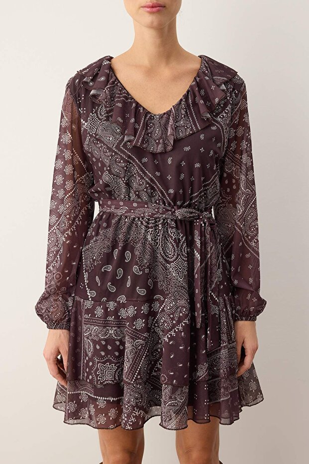 Çok Renkli Boho/Boho Chic Baskılı Fırfır Detaylı Mini Tül Esnek Örme Elbise TWOAW26EL00251 - 3