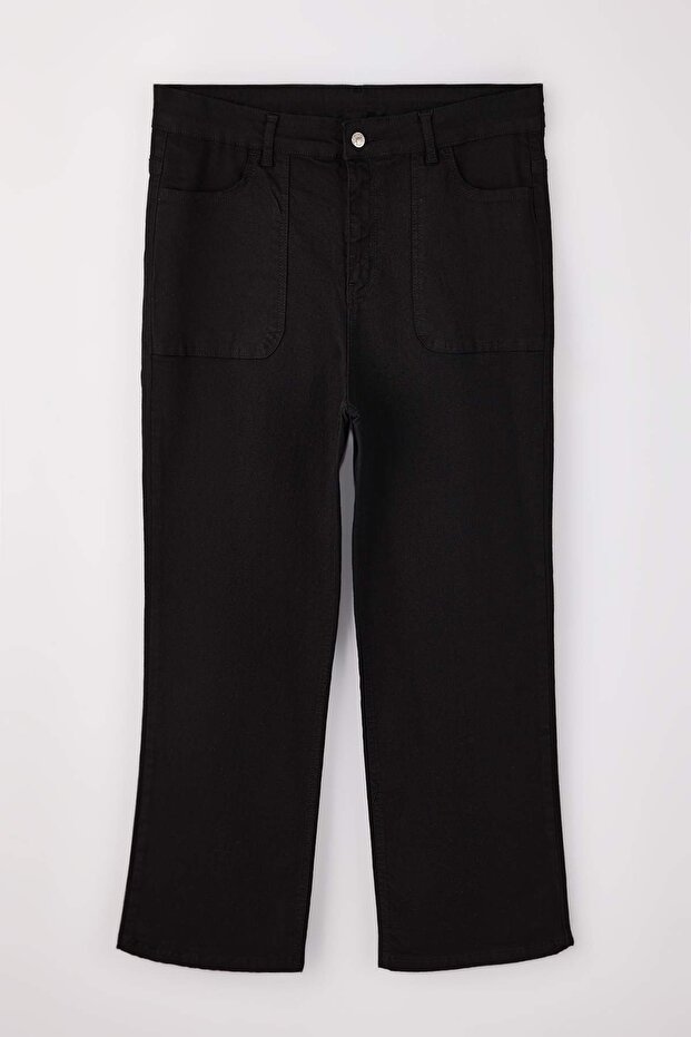 Solmayan Siyah Yüksek Bel Geniş Paça Esnek Crop Straight Fit Büyük Beden Pantolon TBBAW26CJ00056 - 5