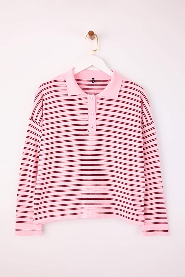 Wardrobe Essentials Pembe Premium İplik/Özel İplikli Geniş Kalıp Çizgili Triko Kazak TBBAW26AN00063 - 5