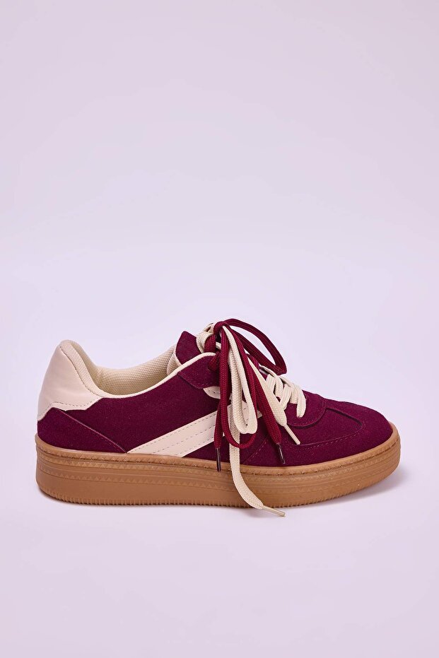 Bordo İki Bağcıklı Çift Kullanımlı Kadın Retro Spor Ayakkabı TAKSS25SN00009 - 4