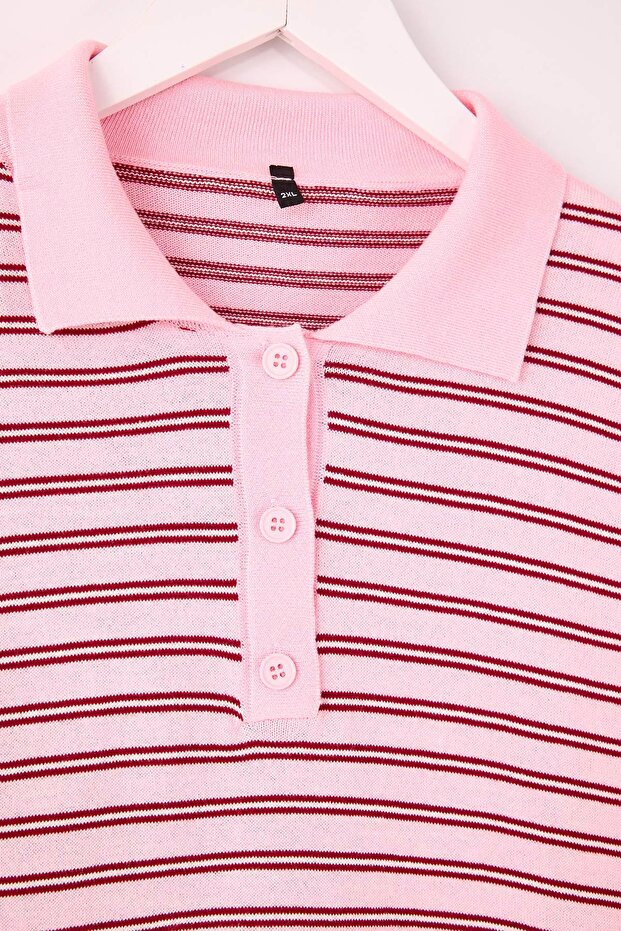 Wardrobe Essentials Pembe Premium İplik/Özel İplikli Geniş Kalıp Çizgili Triko Kazak TBBAW26AN00063 - 6