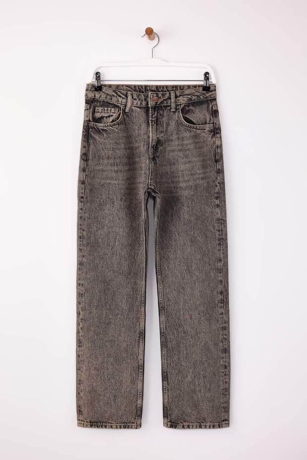 Gri Yüksek Bel %100 Pamuk Düz Kesim Straight Jeans TWOSS26JE00021 - 5