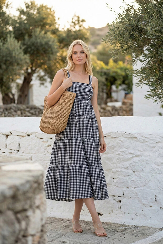 Strappy Gingham Patterned Summer Midi Length Women's Dress 1300