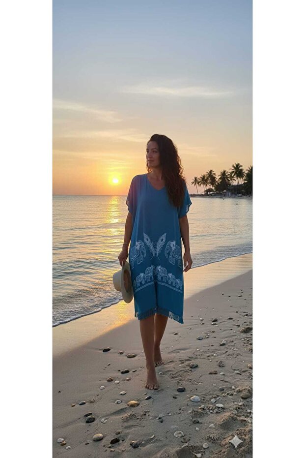 Petrol Blue Half-Sleeved Embroidered Peştemal Dress