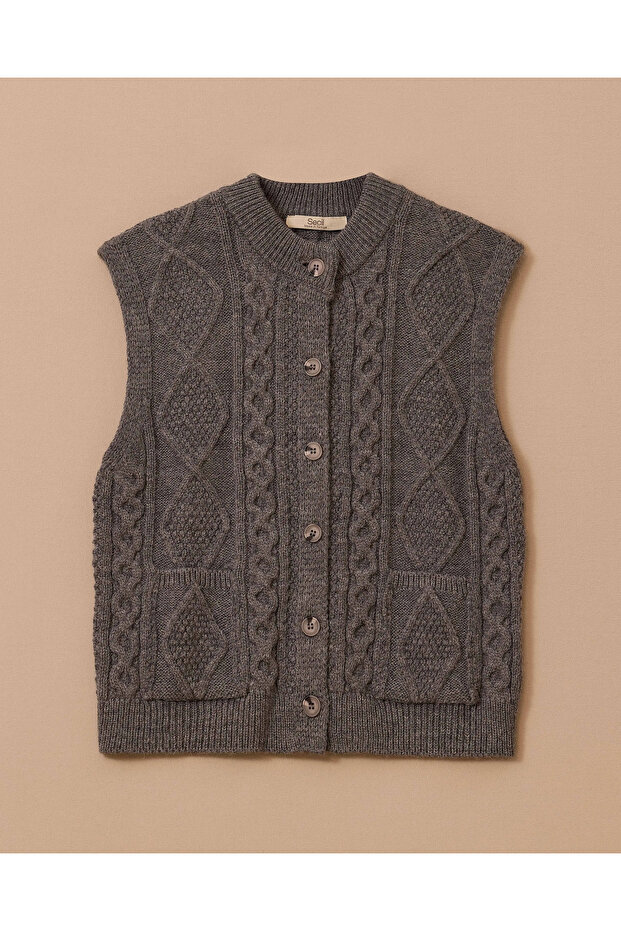 Düğmeli Örgü Desenli Triko Yelek - 5