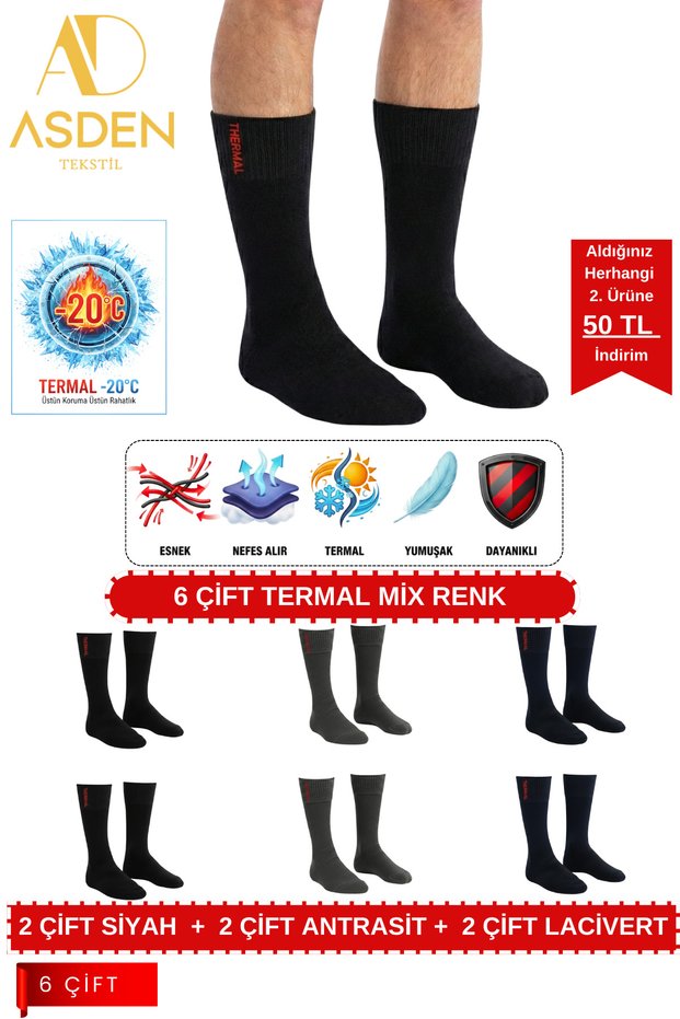 6 Pairs of Thermal Men's Socks | Extra Thick Towel Premium Cotton | Burun Stitch-Free Winter (Mix)