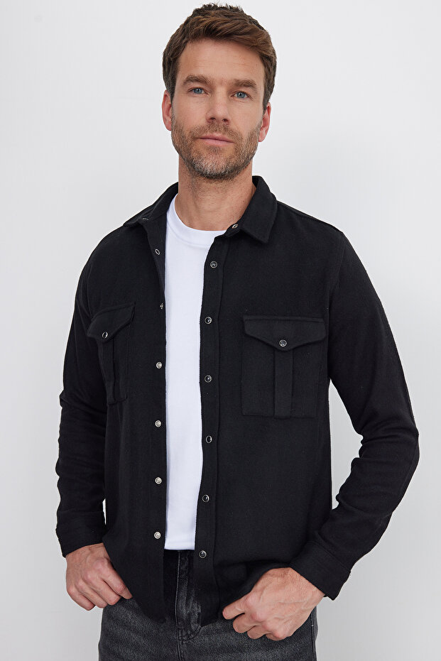 Slim Fit Long Sleeve Winter Lumber Double Plain Men's Black Shirt with Pocket Cover