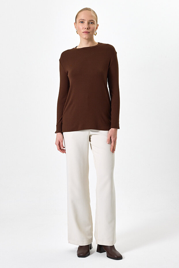 قميص بني برقبة دائرية شق تونيك 8229A - 3