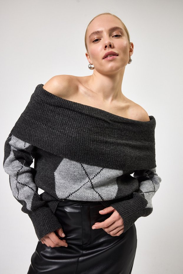 Anthracite - Light Gray Off-Shoulder Patterned Women's Knit Sweater 2123
